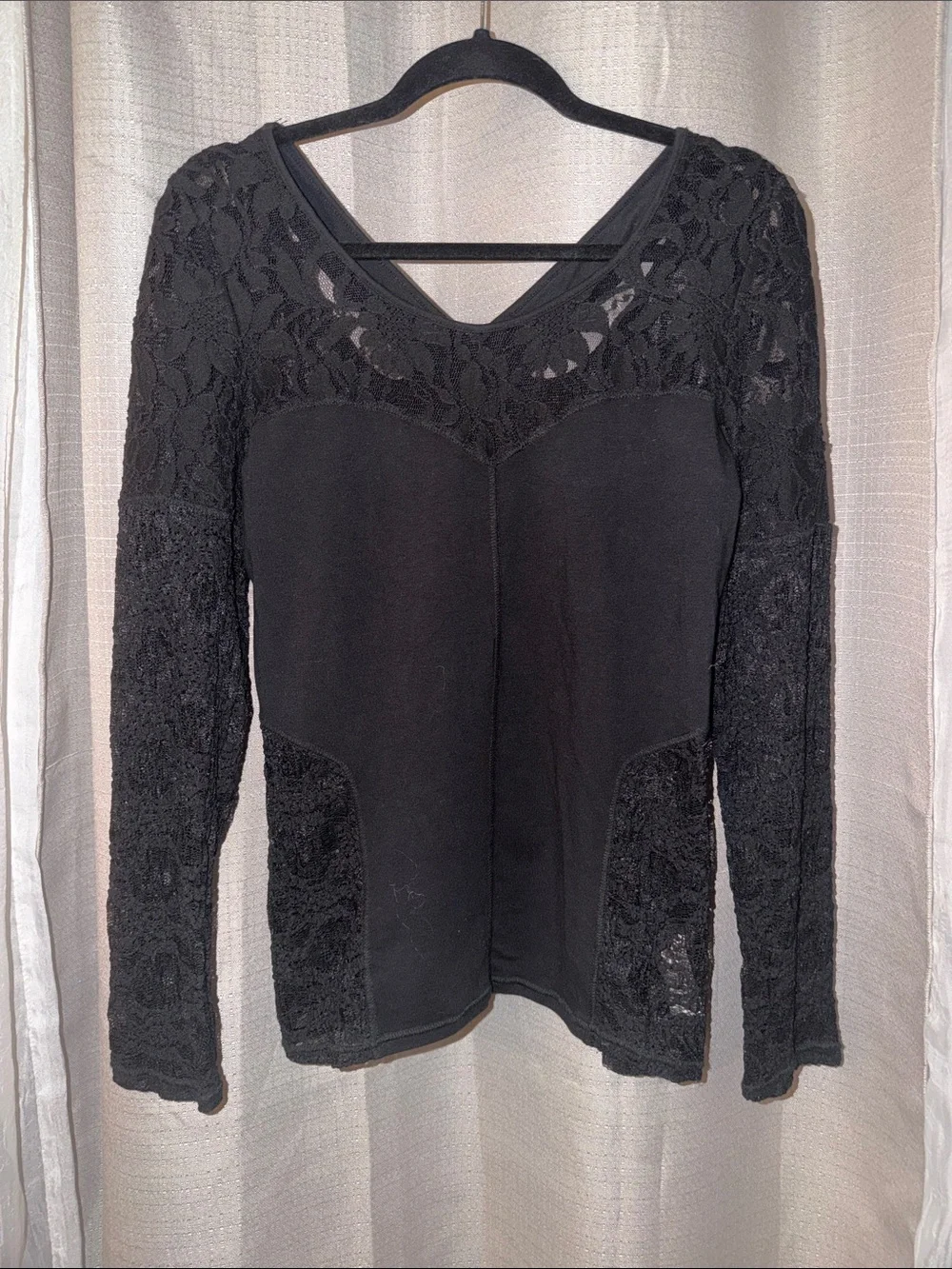 Free People Black Lace-Inset Long Sleeve Tee